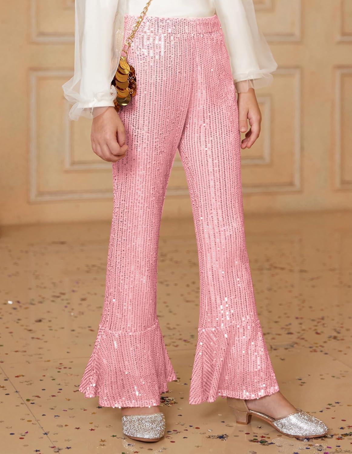 imageGRACE KARIN Girls Sequin Pants Sparke Trouser Glitter Dance Bell Bottoms 514Pink
