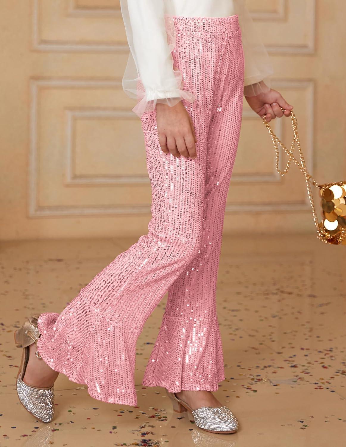 imageGRACE KARIN Girls Sequin Pants Sparke Trouser Glitter Dance Bell Bottoms 514Pink