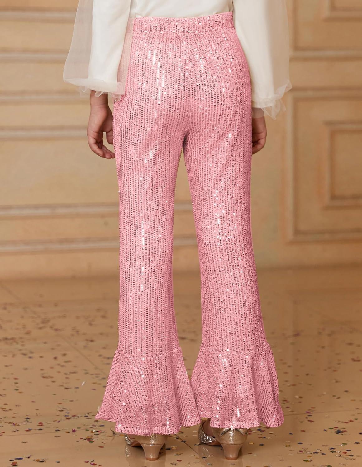 imageGRACE KARIN Girls Sequin Pants Sparke Trouser Glitter Dance Bell Bottoms 514Pink