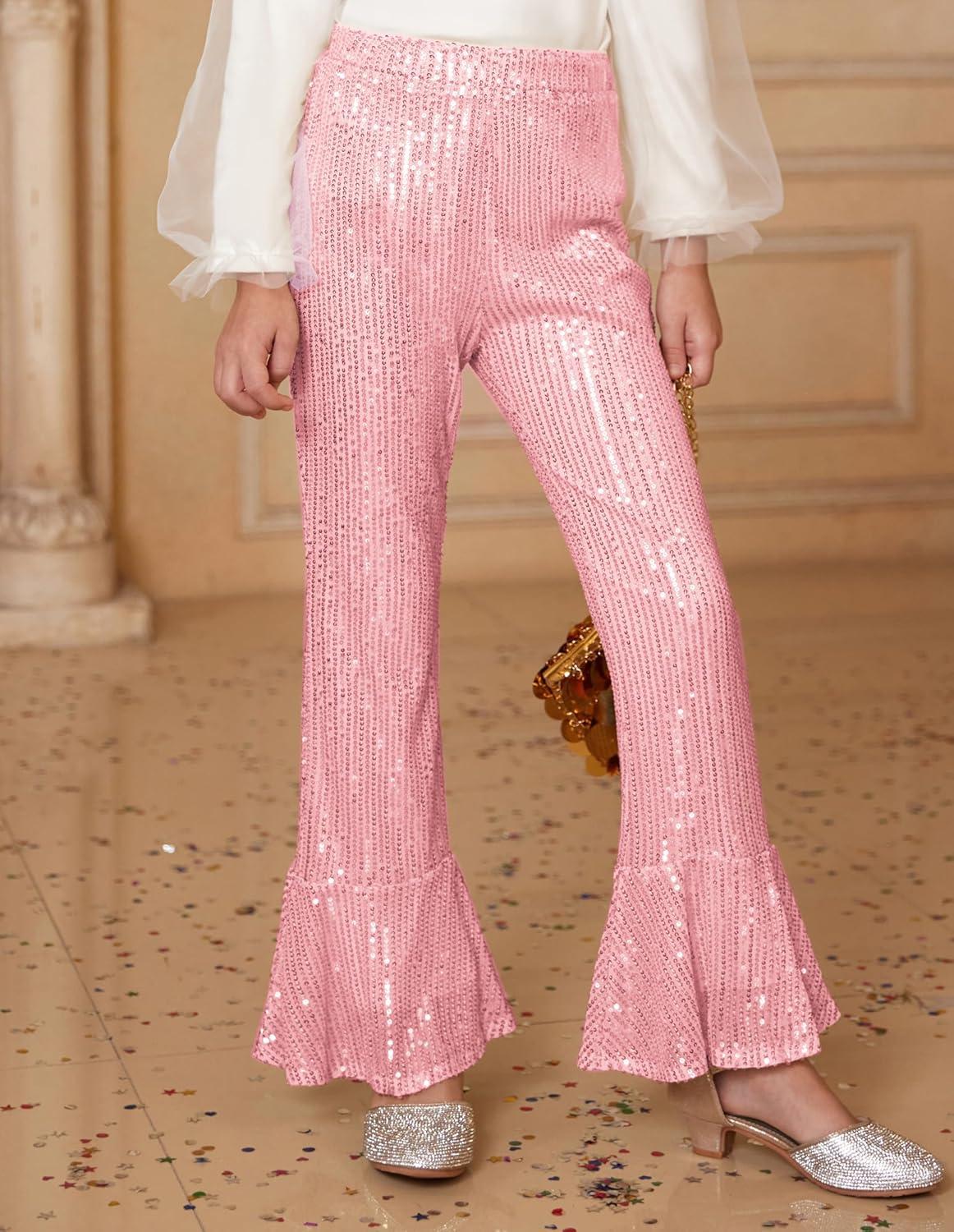 imageGRACE KARIN Girls Sequin Pants Sparke Trouser Glitter Dance Bell Bottoms 514Pink