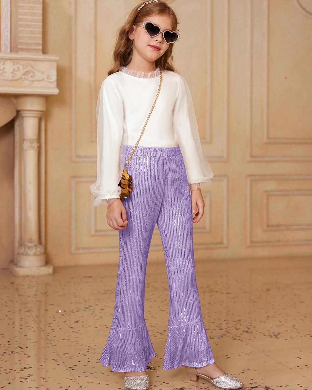 imageGRACE KARIN Girls Sequin Pants Sparke Trouser Glitter Dance Bell Bottoms 514Purple