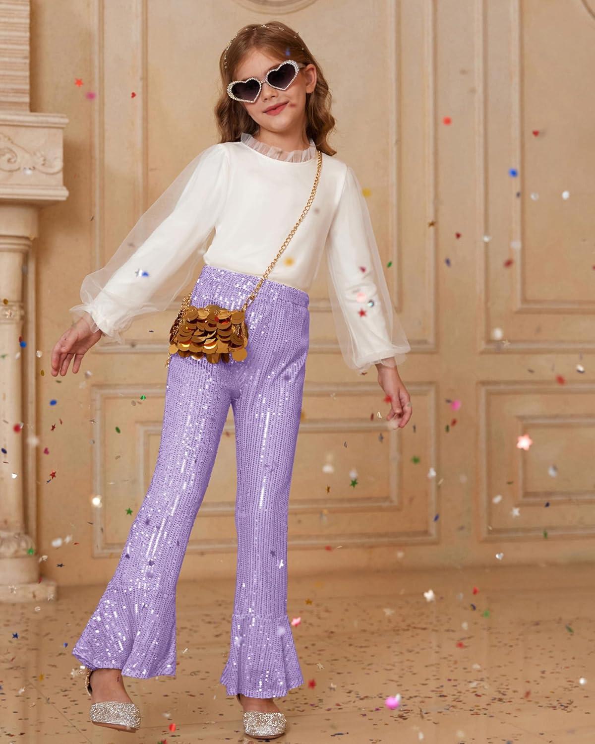 imageGRACE KARIN Girls Sequin Pants Sparke Trouser Glitter Dance Bell Bottoms 514Purple