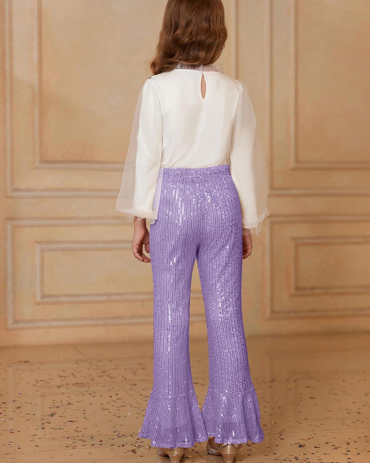 imageGRACE KARIN Girls Sequin Pants Sparke Trouser Glitter Dance Bell Bottoms 514Purple
