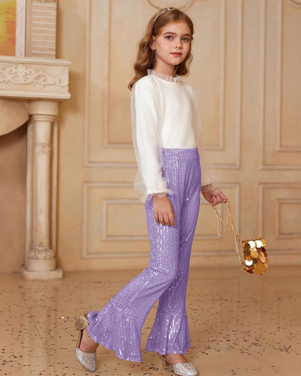 imageGRACE KARIN Girls Sequin Pants Sparke Trouser Glitter Dance Bell Bottoms 514Purple