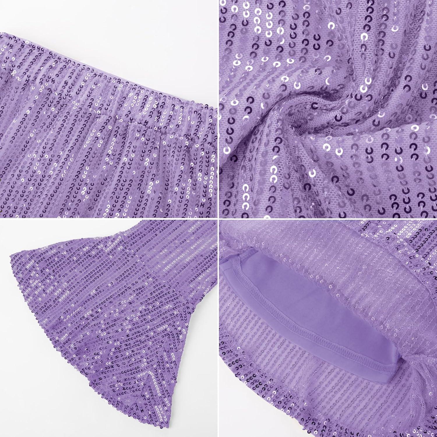 imageGRACE KARIN Girls Sequin Pants Sparke Trouser Glitter Dance Bell Bottoms 514Purple