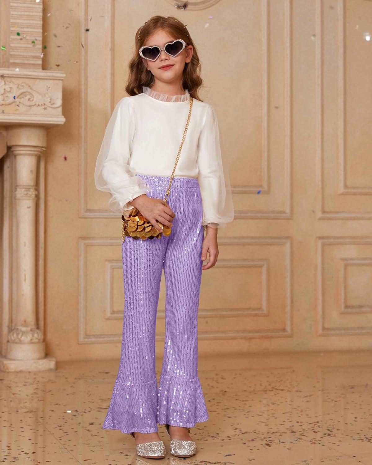 imageGRACE KARIN Girls Sequin Pants Sparke Trouser Glitter Dance Bell Bottoms 514Purple
