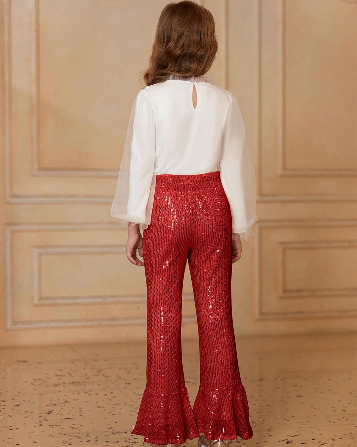 imageGRACE KARIN Girls Sequin Pants Sparke Trouser Glitter Dance Bell Bottoms 514Red