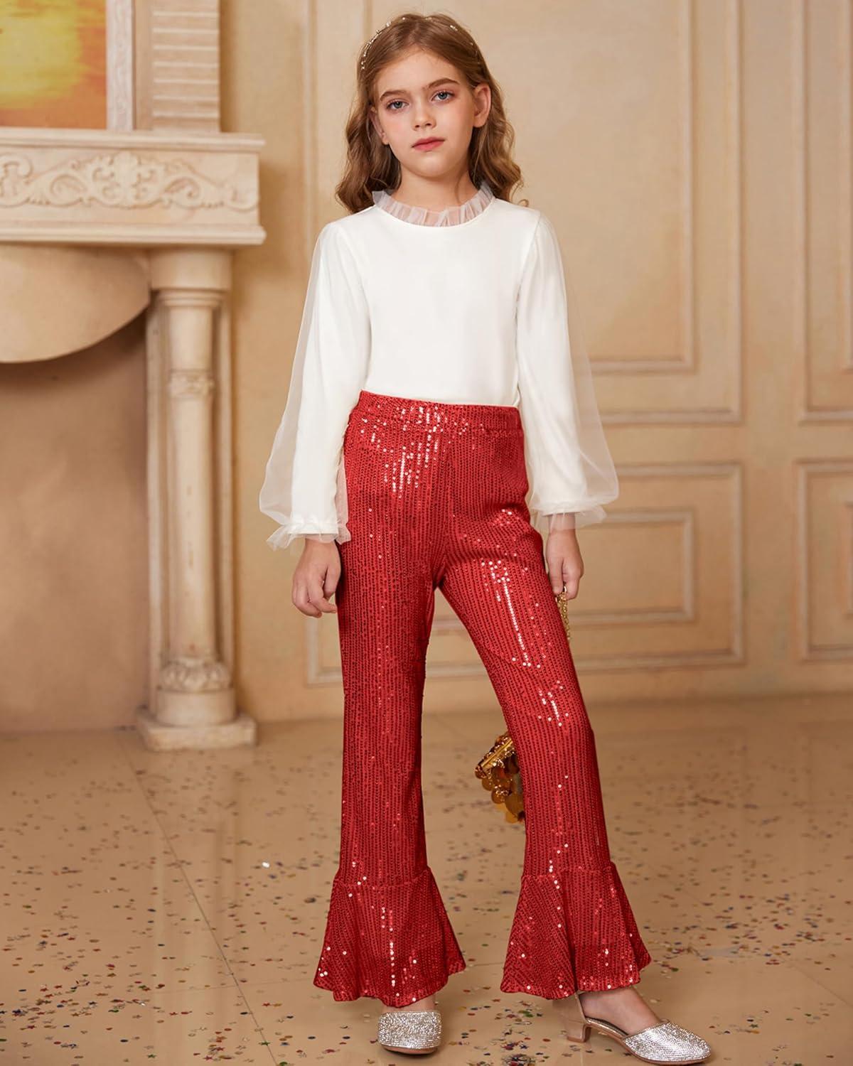 imageGRACE KARIN Girls Sequin Pants Sparke Trouser Glitter Dance Bell Bottoms 514Red