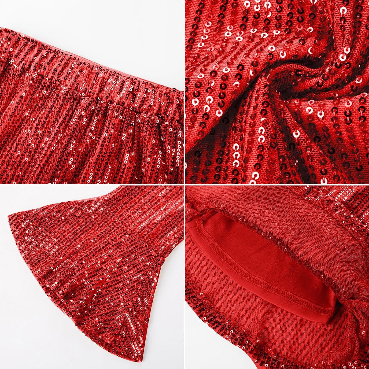 imageGRACE KARIN Girls Sequin Pants Sparke Trouser Glitter Dance Bell Bottoms 514Red