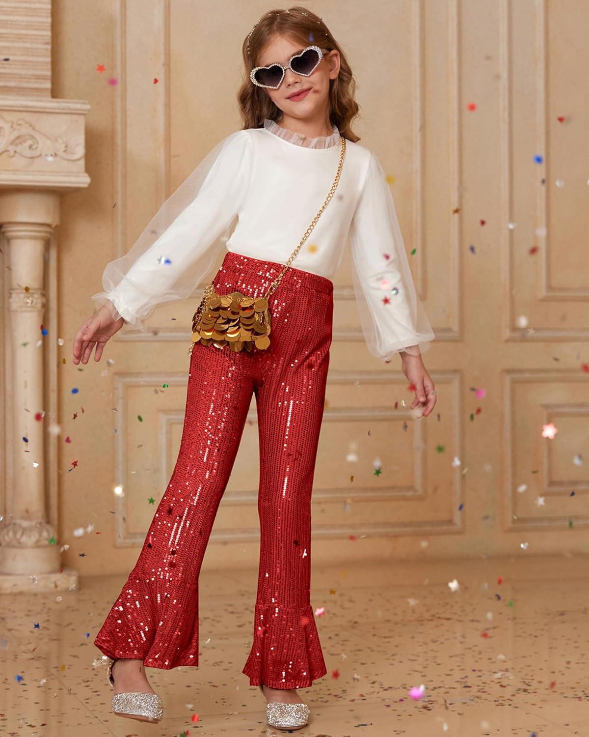 imageGRACE KARIN Girls Sequin Pants Sparke Trouser Glitter Dance Bell Bottoms 514Red