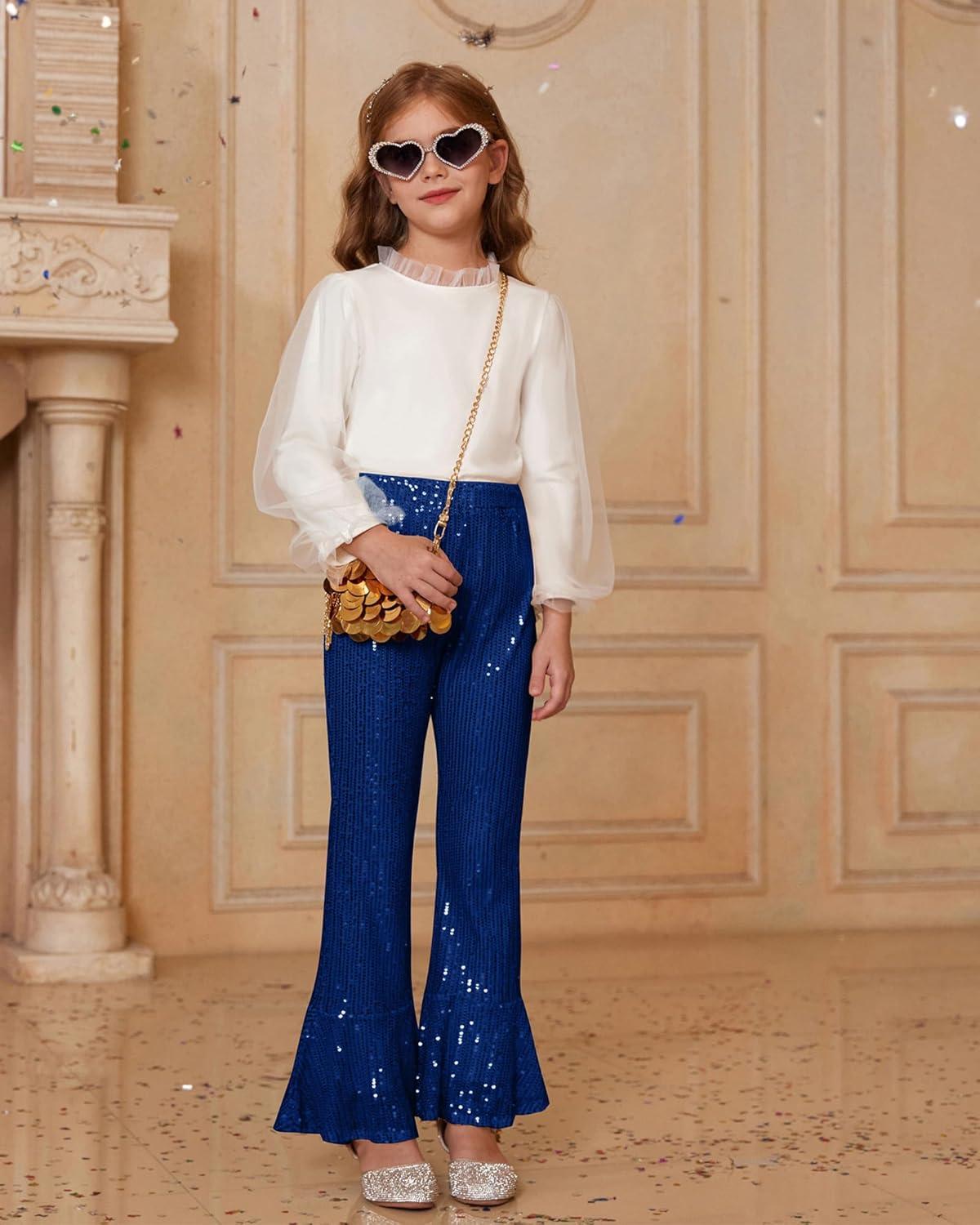 imageGRACE KARIN Girls Sequin Pants Sparke Trouser Glitter Dance Bell Bottoms 514Royal Blue