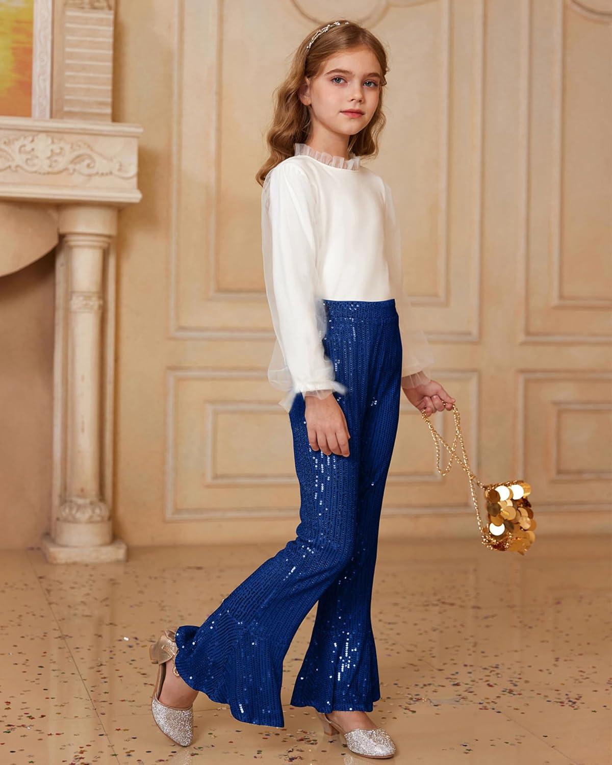 imageGRACE KARIN Girls Sequin Pants Sparke Trouser Glitter Dance Bell Bottoms 514Royal Blue