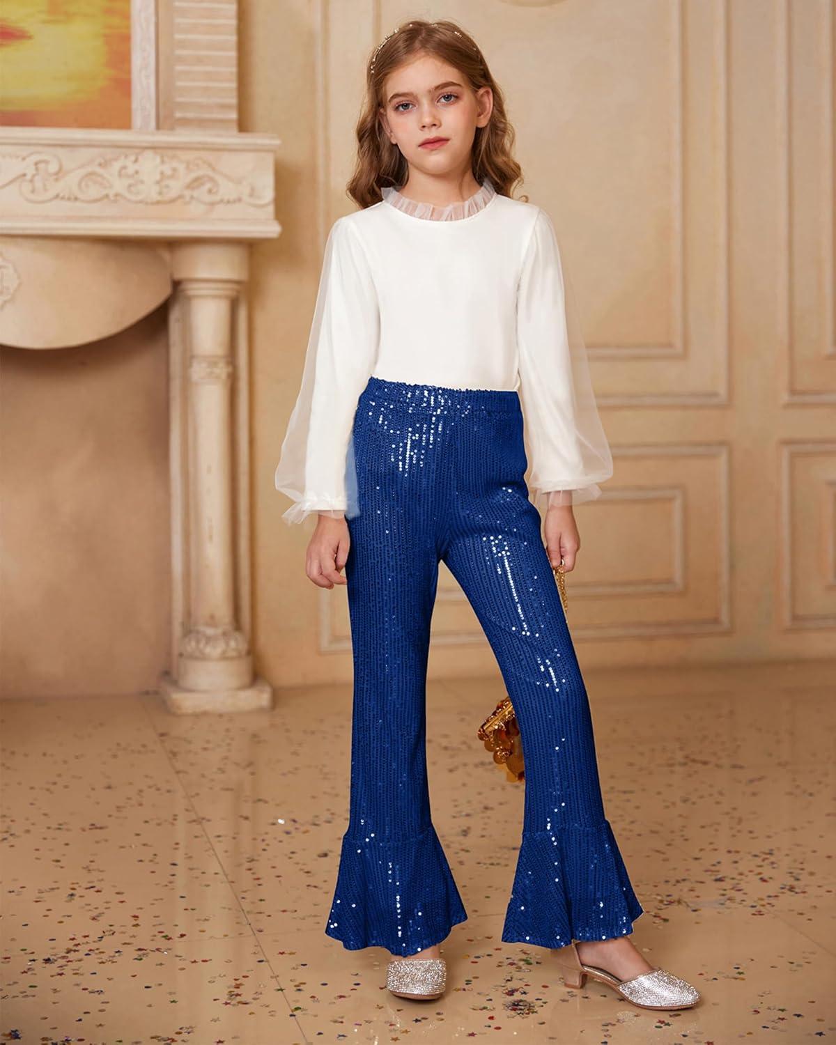 imageGRACE KARIN Girls Sequin Pants Sparke Trouser Glitter Dance Bell Bottoms 514Royal Blue