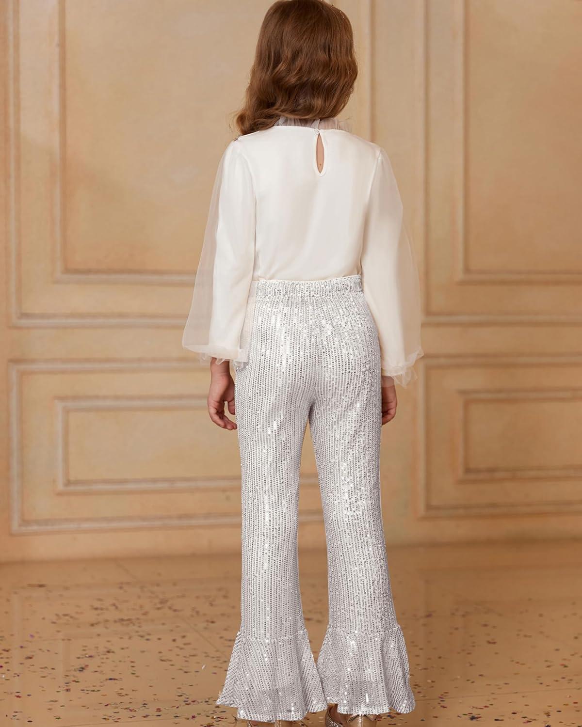 imageGRACE KARIN Girls Sequin Pants Sparke Trouser Glitter Dance Bell Bottoms 514Sliver