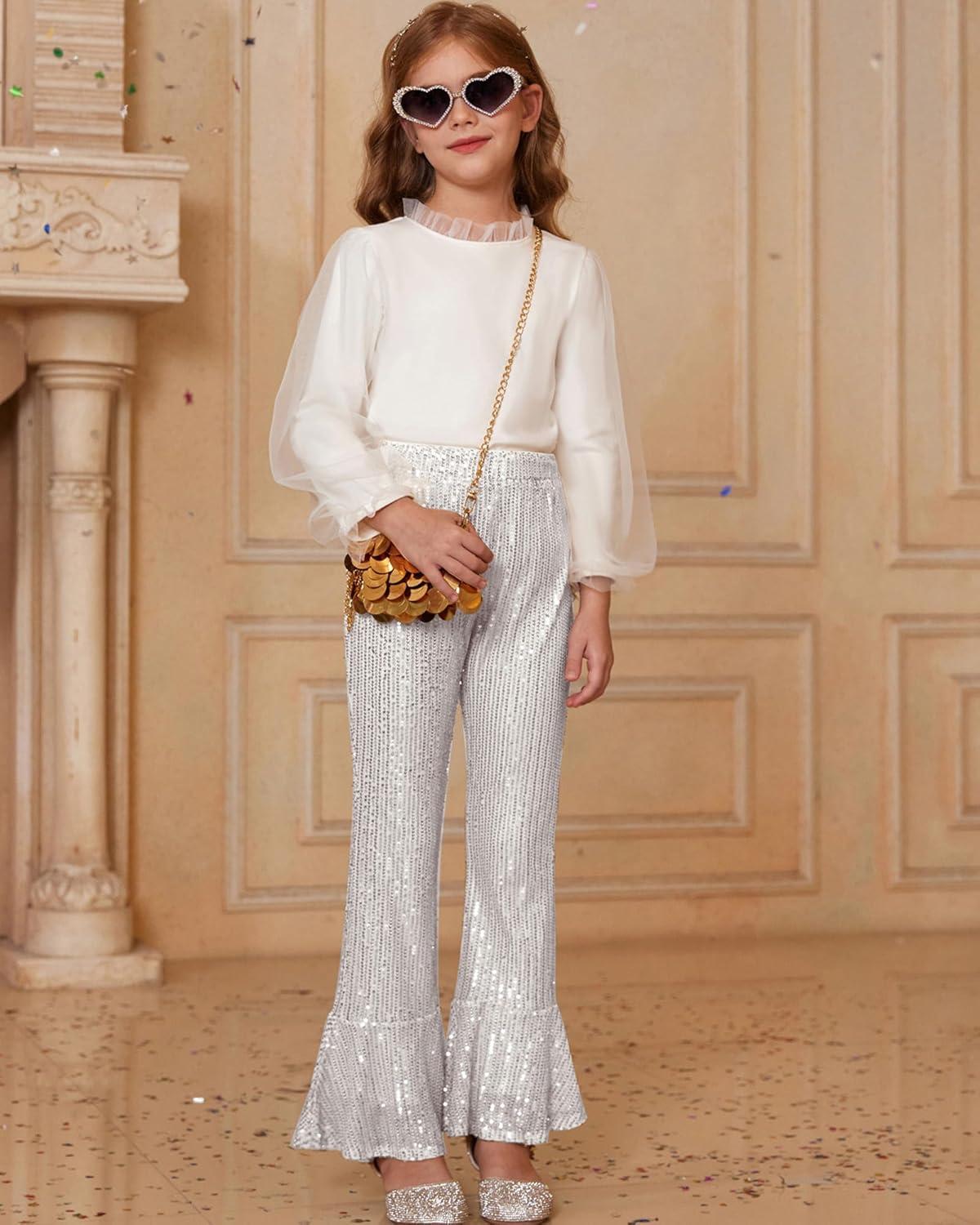 imageGRACE KARIN Girls Sequin Pants Sparke Trouser Glitter Dance Bell Bottoms 514Sliver