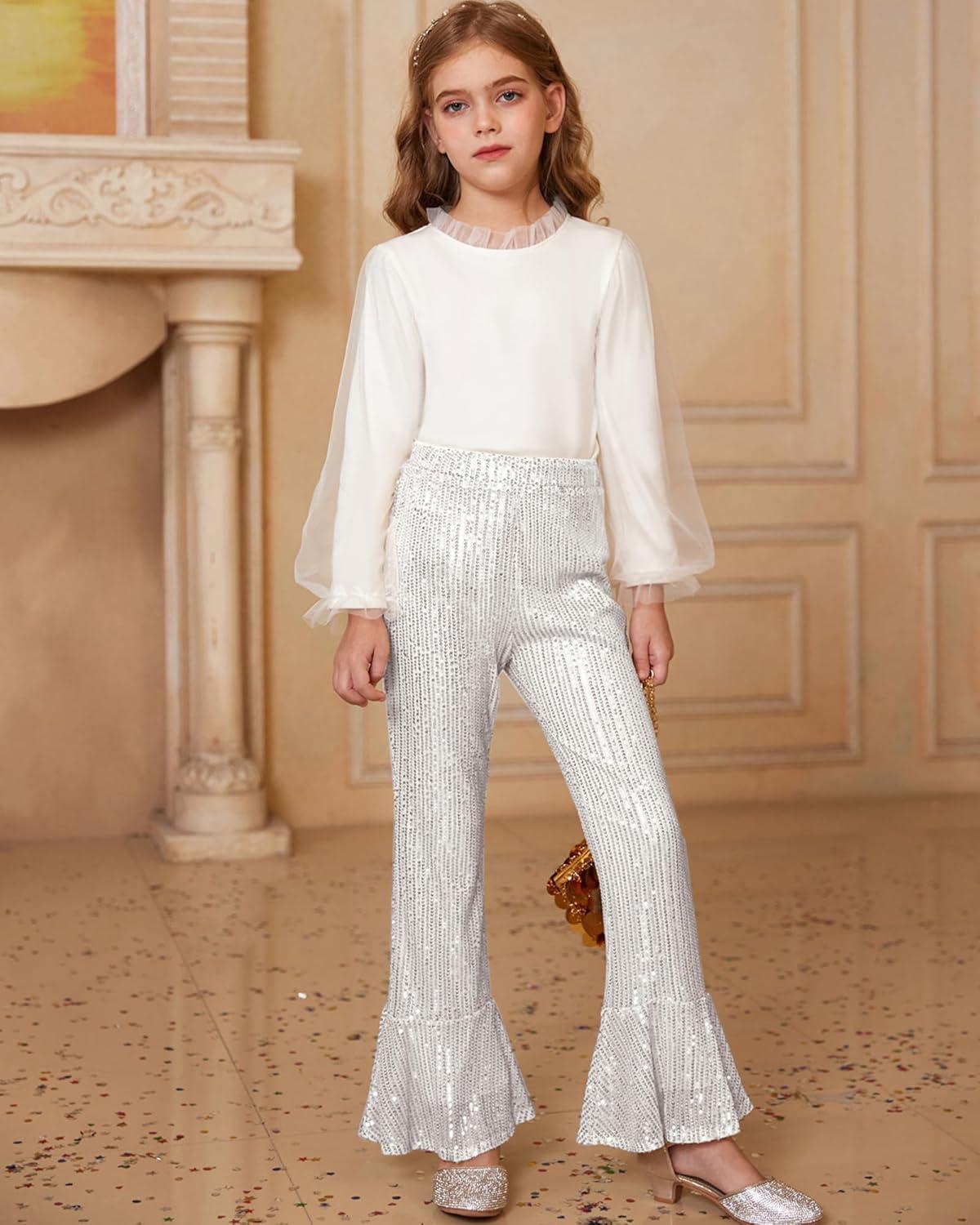 imageGRACE KARIN Girls Sequin Pants Sparke Trouser Glitter Dance Bell Bottoms 514Sliver