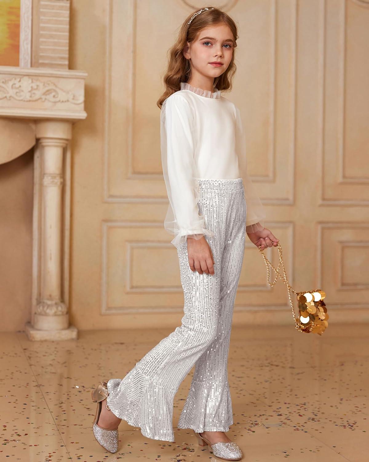 imageGRACE KARIN Girls Sequin Pants Sparke Trouser Glitter Dance Bell Bottoms 514Sliver