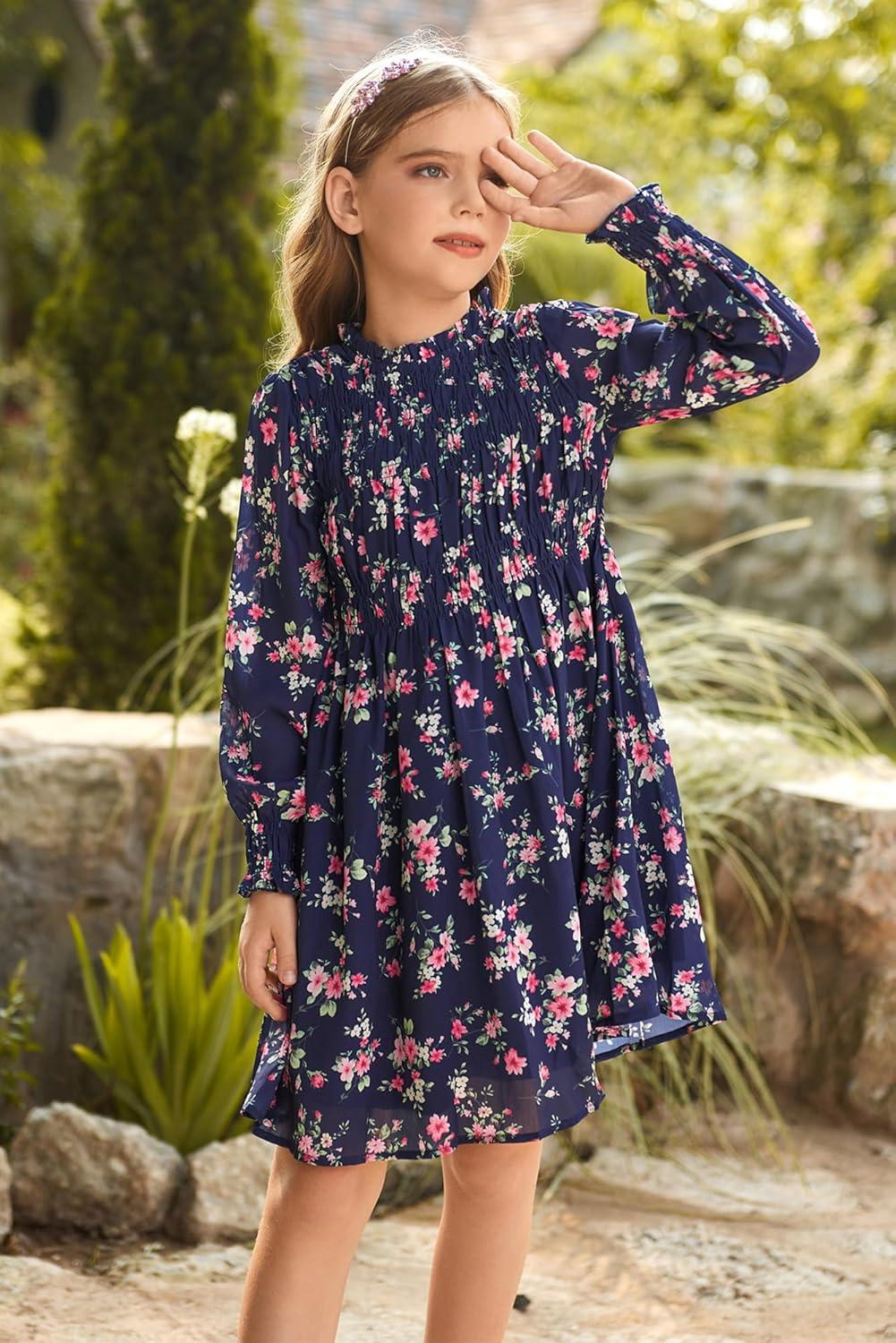 imageGRACE KARIN Girls Spring Long Sleeve Dresses Kids Floral Winter Formal Dress Girl Casual Fancy Midi Clothes Size 614Navy Flower