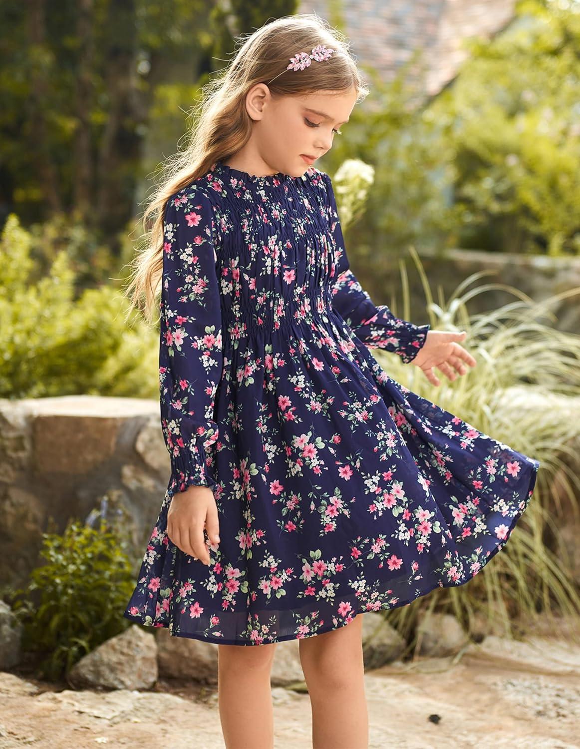 imageGRACE KARIN Girls Spring Long Sleeve Dresses Kids Floral Winter Formal Dress Girl Casual Fancy Midi Clothes Size 614Navy Flower