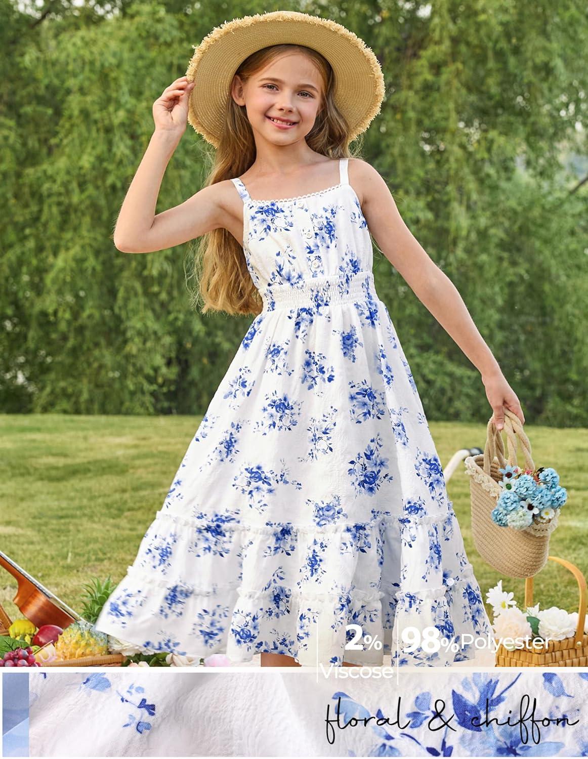 imageGRACE KARIN Girls Summer Floral Dress Kids Long Spring Easter Dresses Teens Button Front Straps Flower Hawaiian Sundress 714Blue Floral