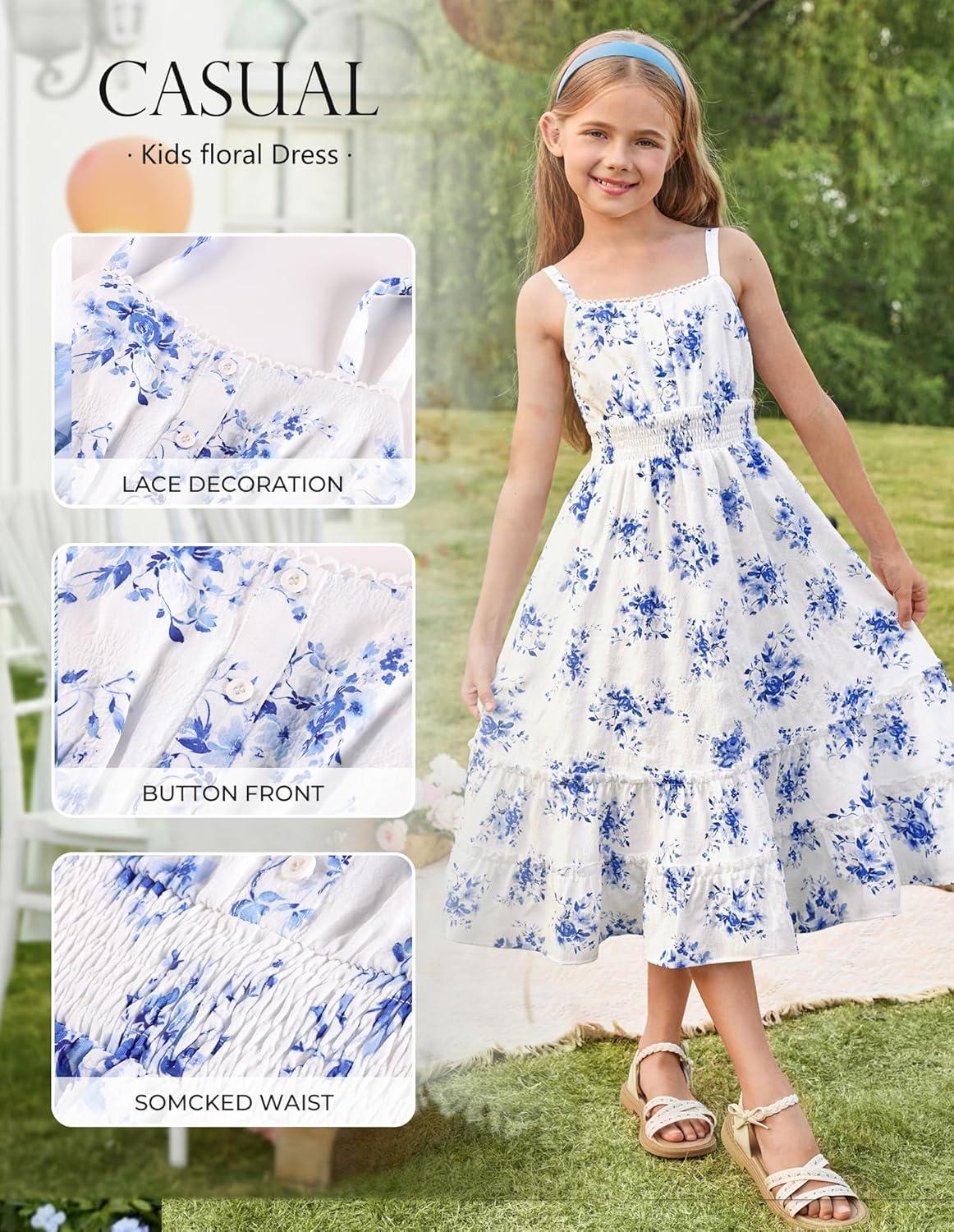 imageGRACE KARIN Girls Summer Floral Dress Kids Long Spring Easter Dresses Teens Button Front Straps Flower Hawaiian Sundress 714Blue Floral