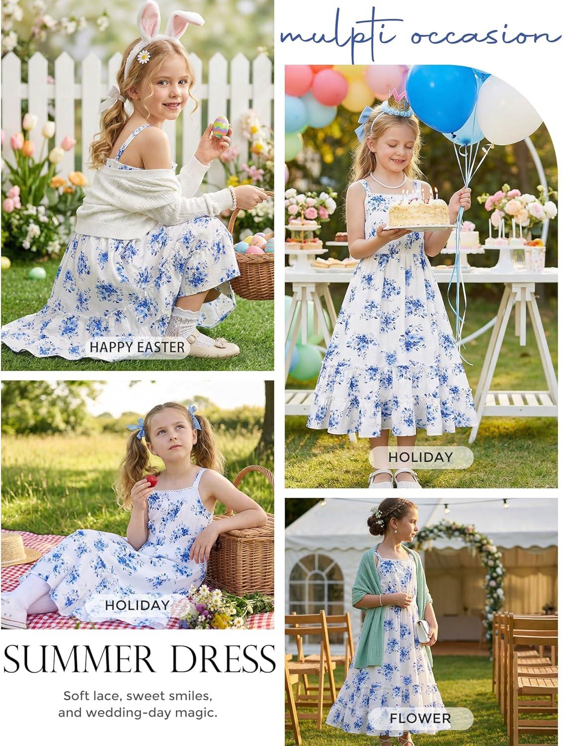 imageGRACE KARIN Girls Summer Floral Dress Kids Long Spring Easter Dresses Teens Button Front Straps Flower Hawaiian Sundress 714Blue Floral