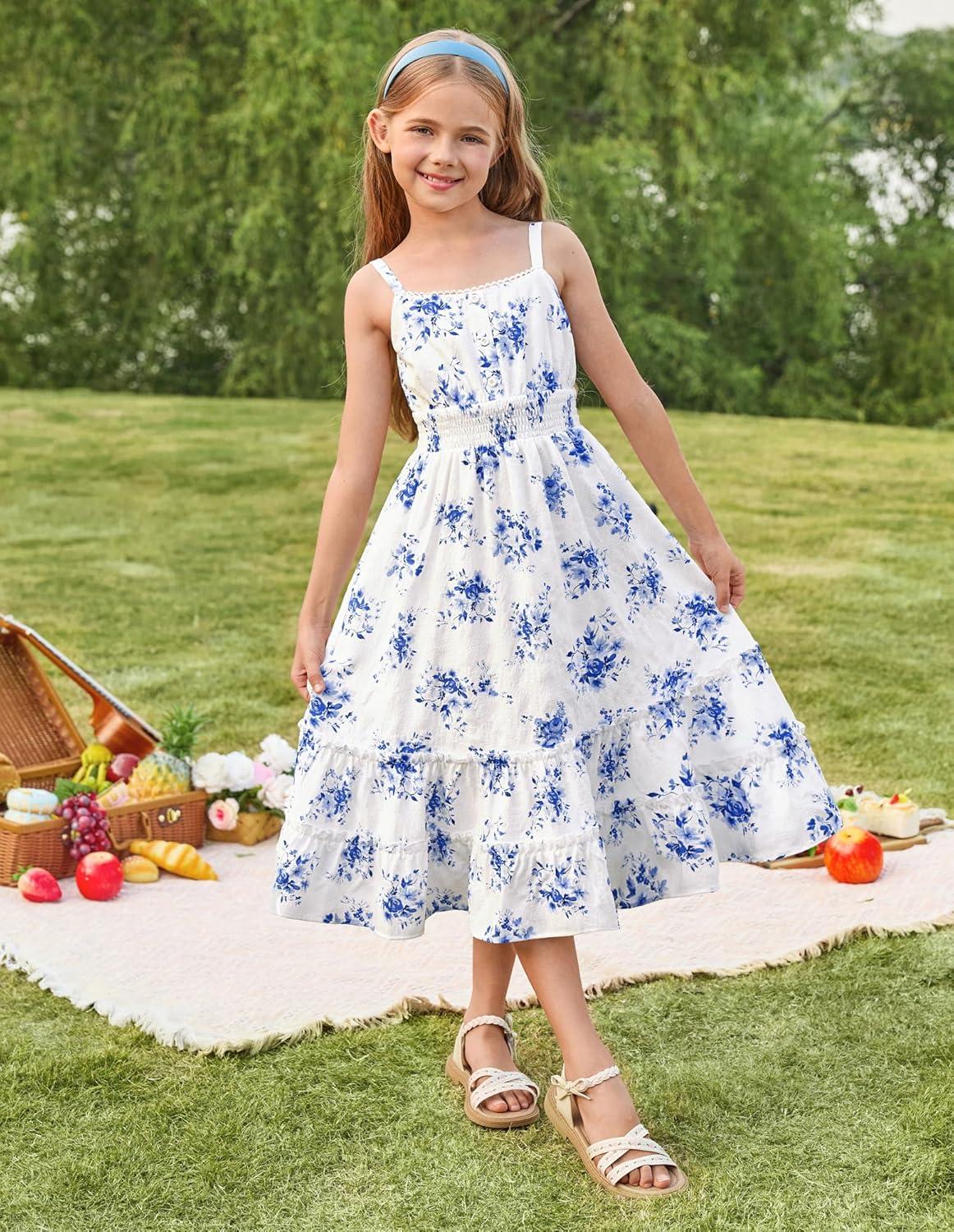 imageGRACE KARIN Girls Summer Floral Dress Kids Long Spring Easter Dresses Teens Button Front Straps Flower Hawaiian Sundress 714Blue Floral