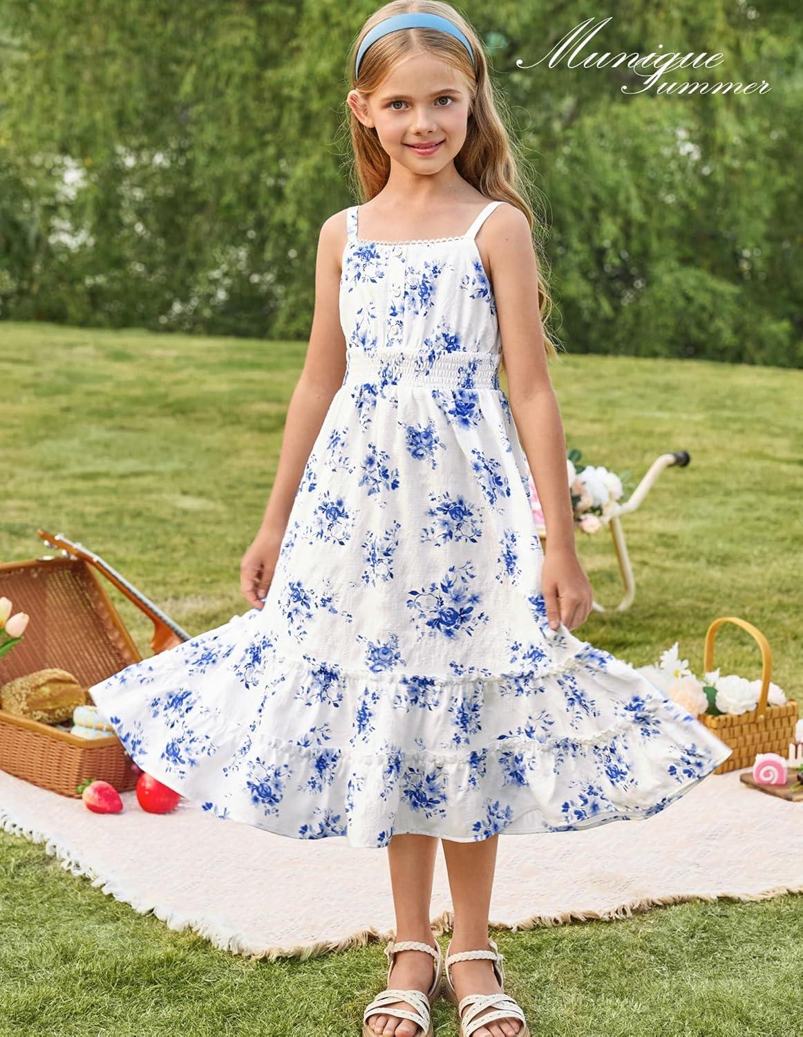 imageGRACE KARIN Girls Summer Floral Dress Kids Long Spring Easter Dresses Teens Button Front Straps Flower Hawaiian Sundress 714Blue Floral