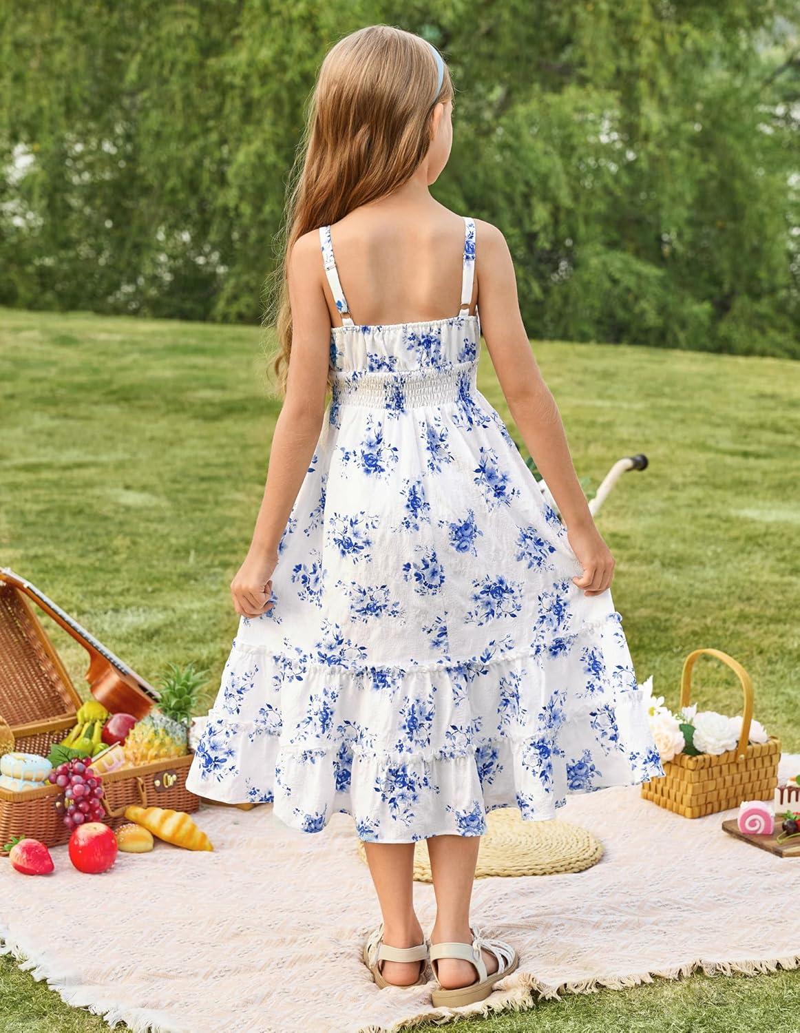 imageGRACE KARIN Girls Summer Floral Dress Kids Long Spring Easter Dresses Teens Button Front Straps Flower Hawaiian Sundress 714Blue Floral
