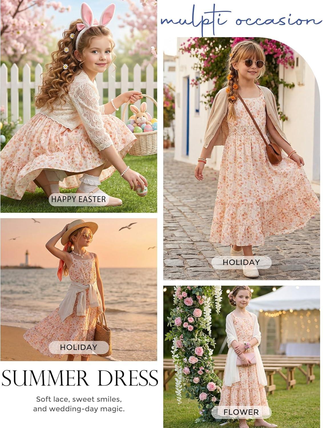 imageGRACE KARIN Girls Summer Floral Dress Kids Long Spring Easter Dresses Teens Button Front Straps Flower Hawaiian Sundress 714Orange Floral