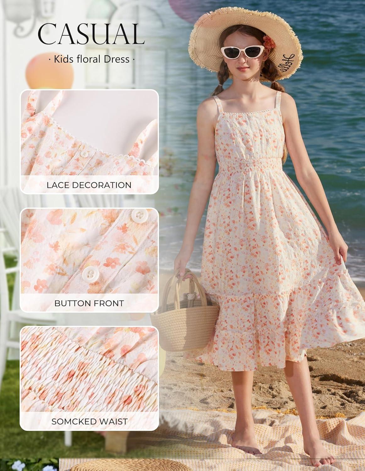 imageGRACE KARIN Girls Summer Floral Dress Kids Long Spring Easter Dresses Teens Button Front Straps Flower Hawaiian Sundress 714Orange Floral