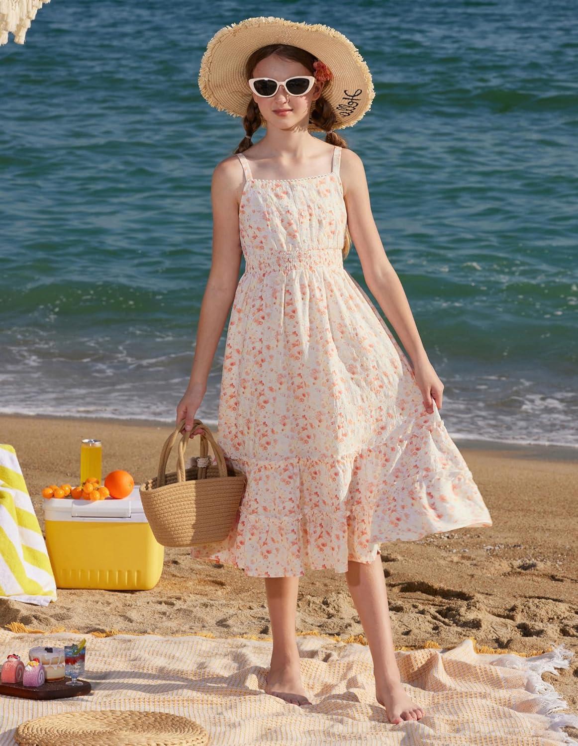 imageGRACE KARIN Girls Summer Floral Dress Kids Long Spring Easter Dresses Teens Button Front Straps Flower Hawaiian Sundress 714Orange Floral