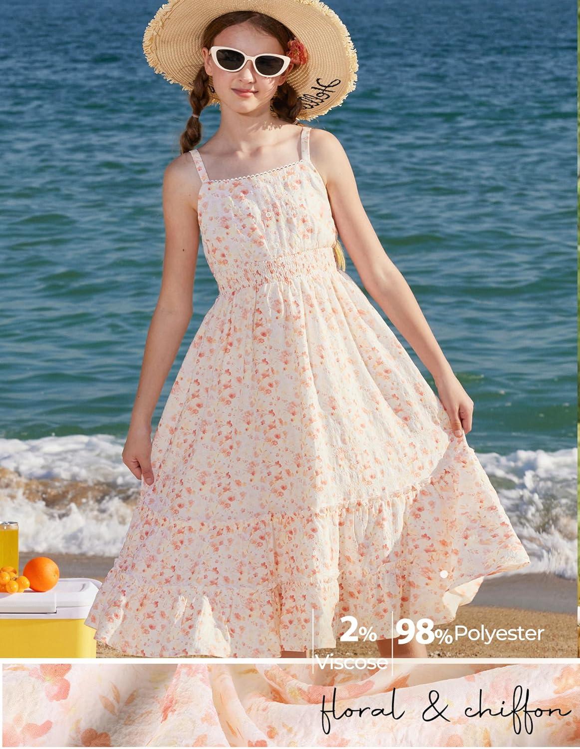 imageGRACE KARIN Girls Summer Floral Dress Kids Long Spring Easter Dresses Teens Button Front Straps Flower Hawaiian Sundress 714Orange Floral