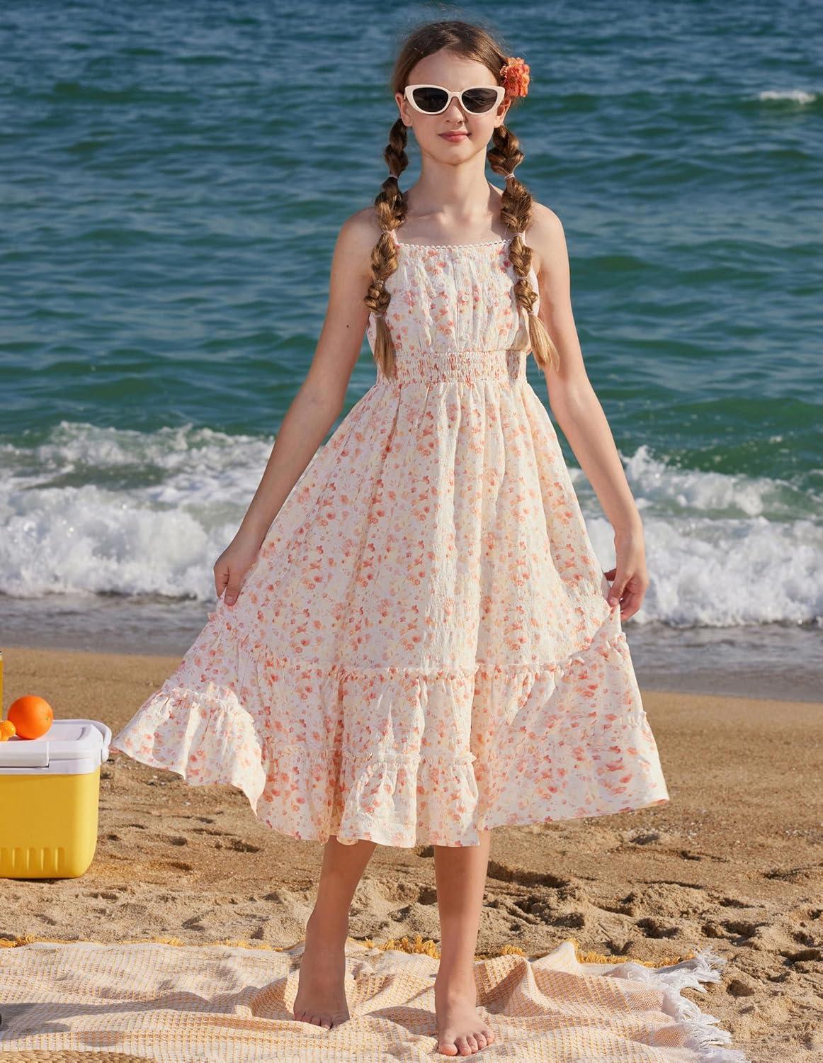 imageGRACE KARIN Girls Summer Floral Dress Kids Long Spring Easter Dresses Teens Button Front Straps Flower Hawaiian Sundress 714Orange Floral