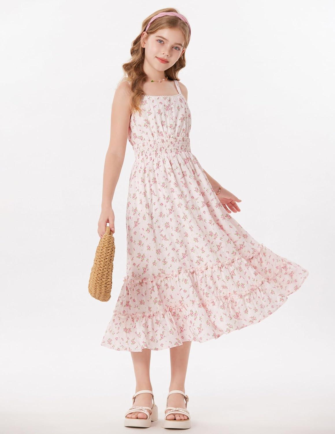 imageGRACE KARIN Girls Summer Floral Dress Kids Long Spring Easter Dresses Teens Button Front Straps Flower Hawaiian Sundress 714Pink Floral