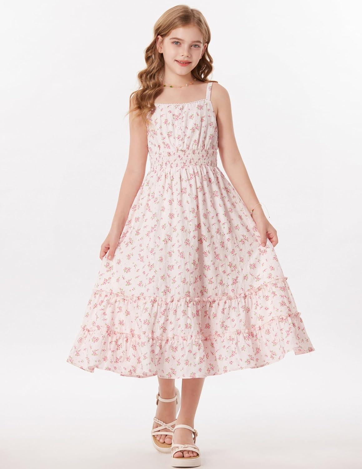 imageGRACE KARIN Girls Summer Floral Dress Kids Long Spring Easter Dresses Teens Button Front Straps Flower Hawaiian Sundress 714Pink Floral