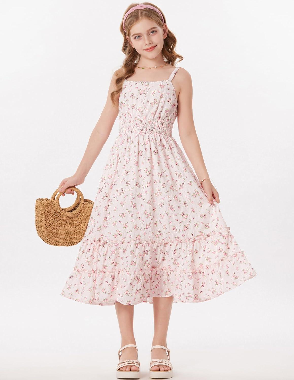 imageGRACE KARIN Girls Summer Floral Dress Kids Long Spring Easter Dresses Teens Button Front Straps Flower Hawaiian Sundress 714Pink Floral