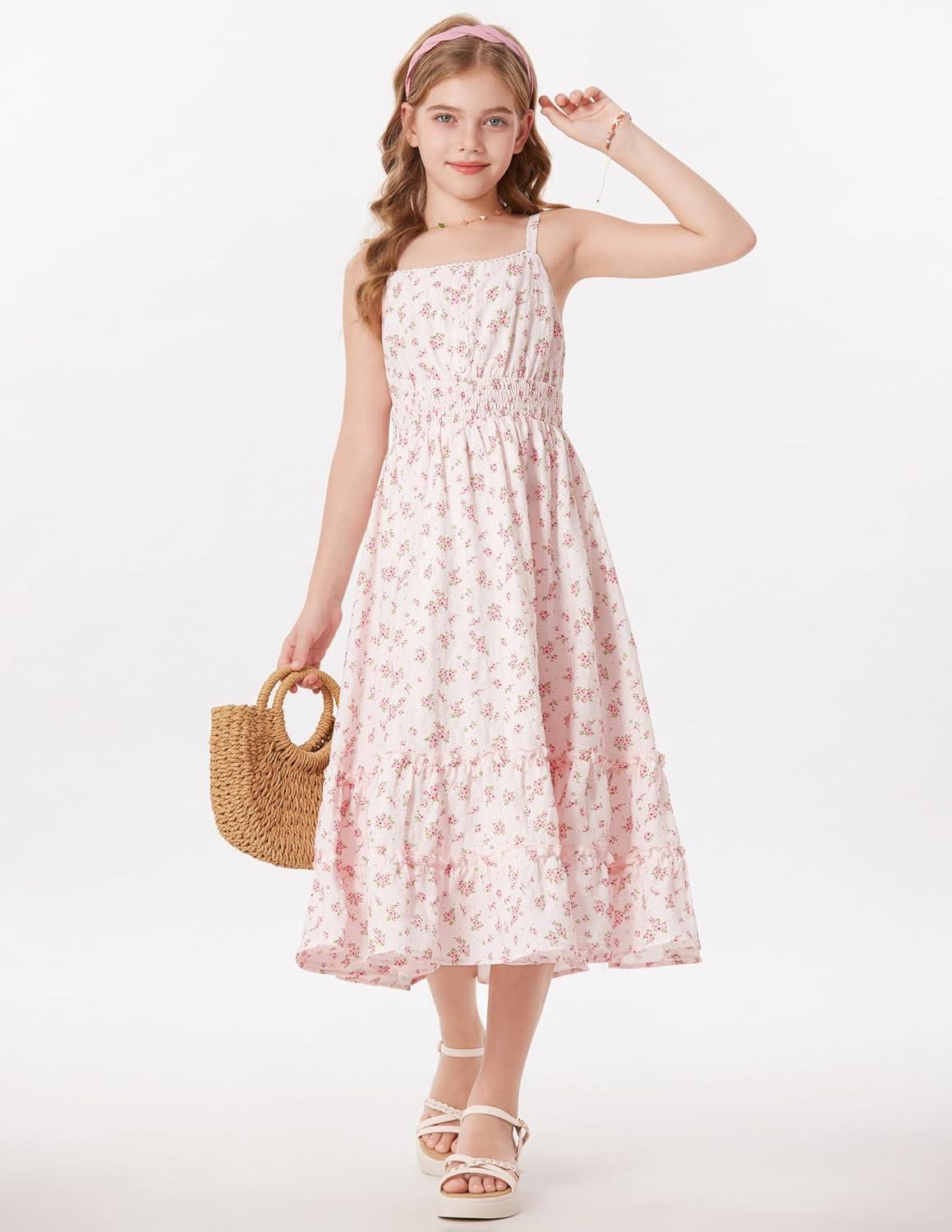 imageGRACE KARIN Girls Summer Floral Dress Kids Long Spring Easter Dresses Teens Button Front Straps Flower Hawaiian Sundress 714Pink Floral