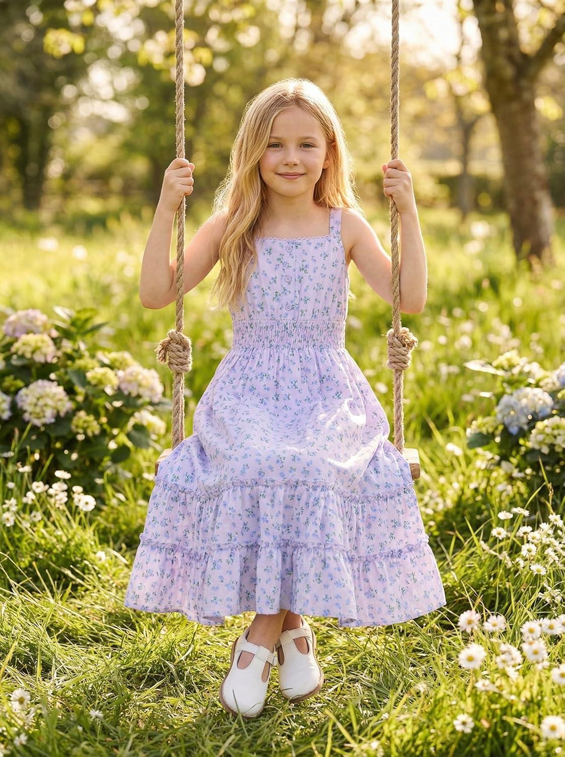 imageGRACE KARIN Girls Summer Floral Dress Kids Long Spring Easter Dresses Teens Button Front Straps Flower Hawaiian Sundress 714Purple Floral