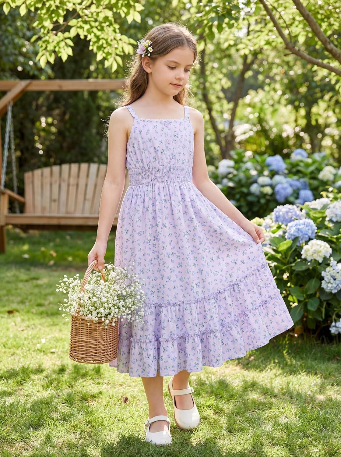 imageGRACE KARIN Girls Summer Floral Dress Kids Long Spring Easter Dresses Teens Button Front Straps Flower Hawaiian Sundress 714Purple Floral