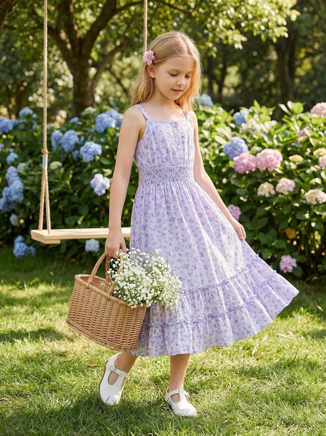 imageGRACE KARIN Girls Summer Floral Dress Kids Long Spring Easter Dresses Teens Button Front Straps Flower Hawaiian Sundress 714Purple Floral