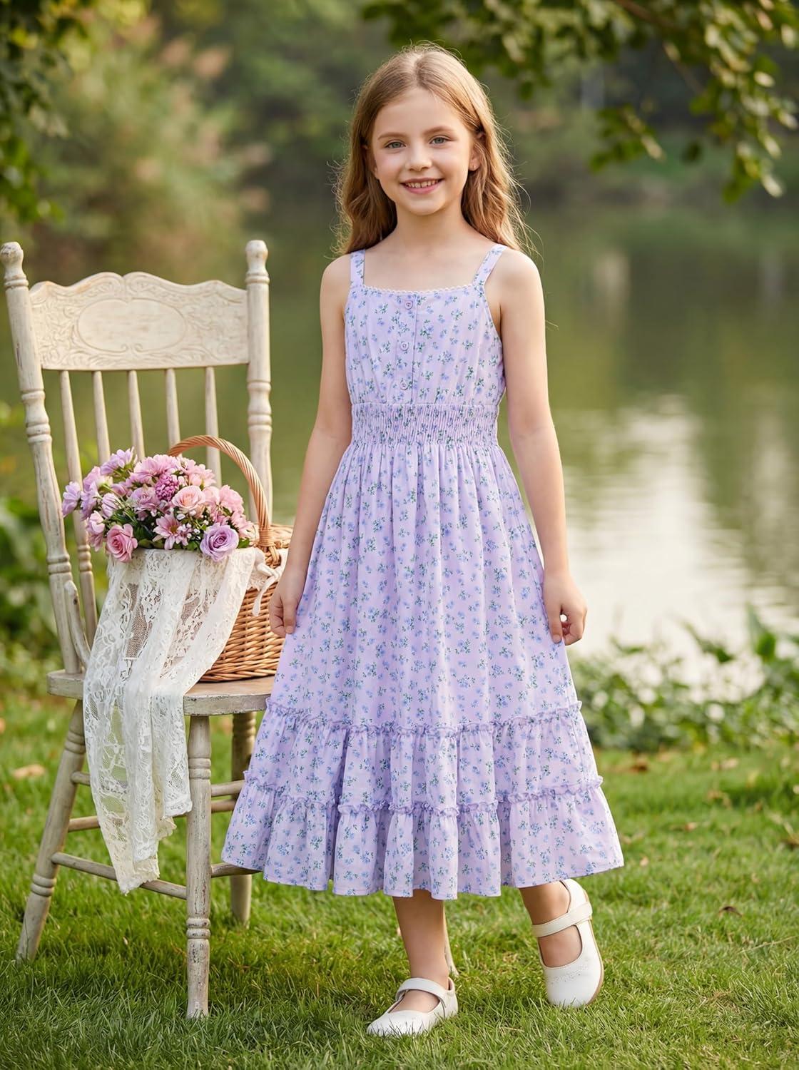 imageGRACE KARIN Girls Summer Floral Dress Kids Long Spring Easter Dresses Teens Button Front Straps Flower Hawaiian Sundress 714Purple Floral