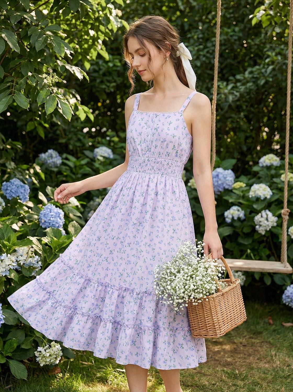 imageGRACE KARIN Girls Summer Floral Dress Kids Long Spring Easter Dresses Teens Button Front Straps Flower Hawaiian Sundress 714Purple Floral