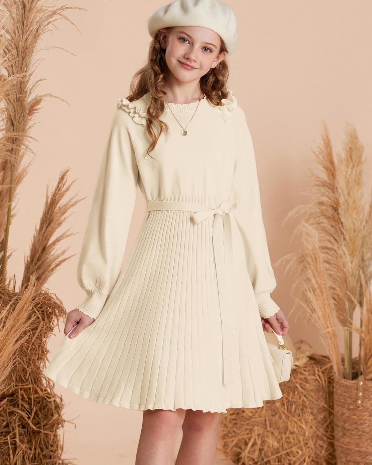 imageGRACE KARIN Girls Sweater Dress Fall Winter Knit Long Sleeve Ribbed Ruffle Waist Tie Size 512 CreamCream