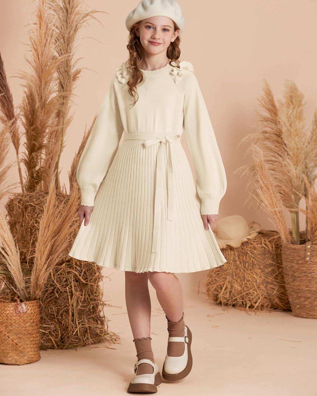 imageGRACE KARIN Girls Sweater Dress Fall Winter Knit Long Sleeve Ribbed Ruffle Waist Tie Size 512 CreamCream
