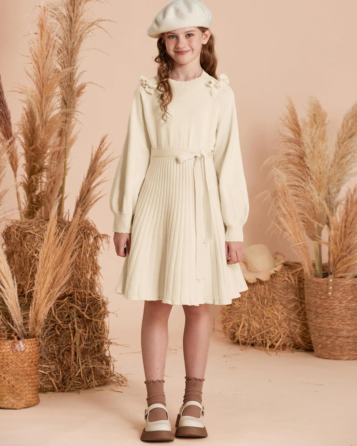imageGRACE KARIN Girls Sweater Dress Fall Winter Knit Long Sleeve Ribbed Ruffle Waist Tie Size 512 CreamCream
