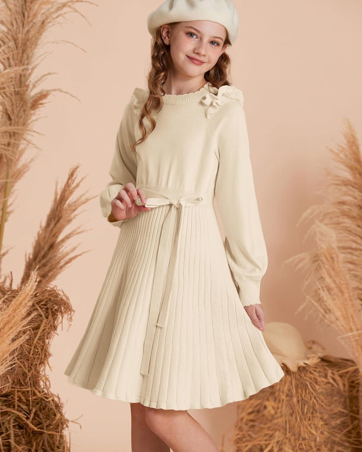 imageGRACE KARIN Girls Sweater Dress Fall Winter Knit Long Sleeve Ribbed Ruffle Waist Tie Size 512 CreamCream