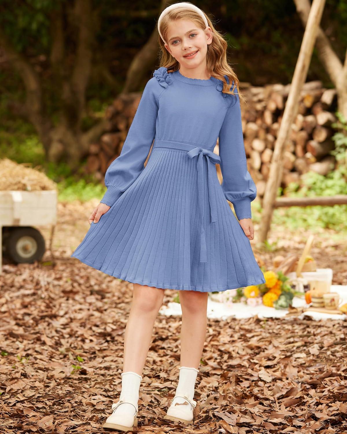imageGRACE KARIN Girls Sweater Dress Fall Winter Knit Long Sleeve Ribbed Ruffle Waist Tie Size 512 CreamKleinland