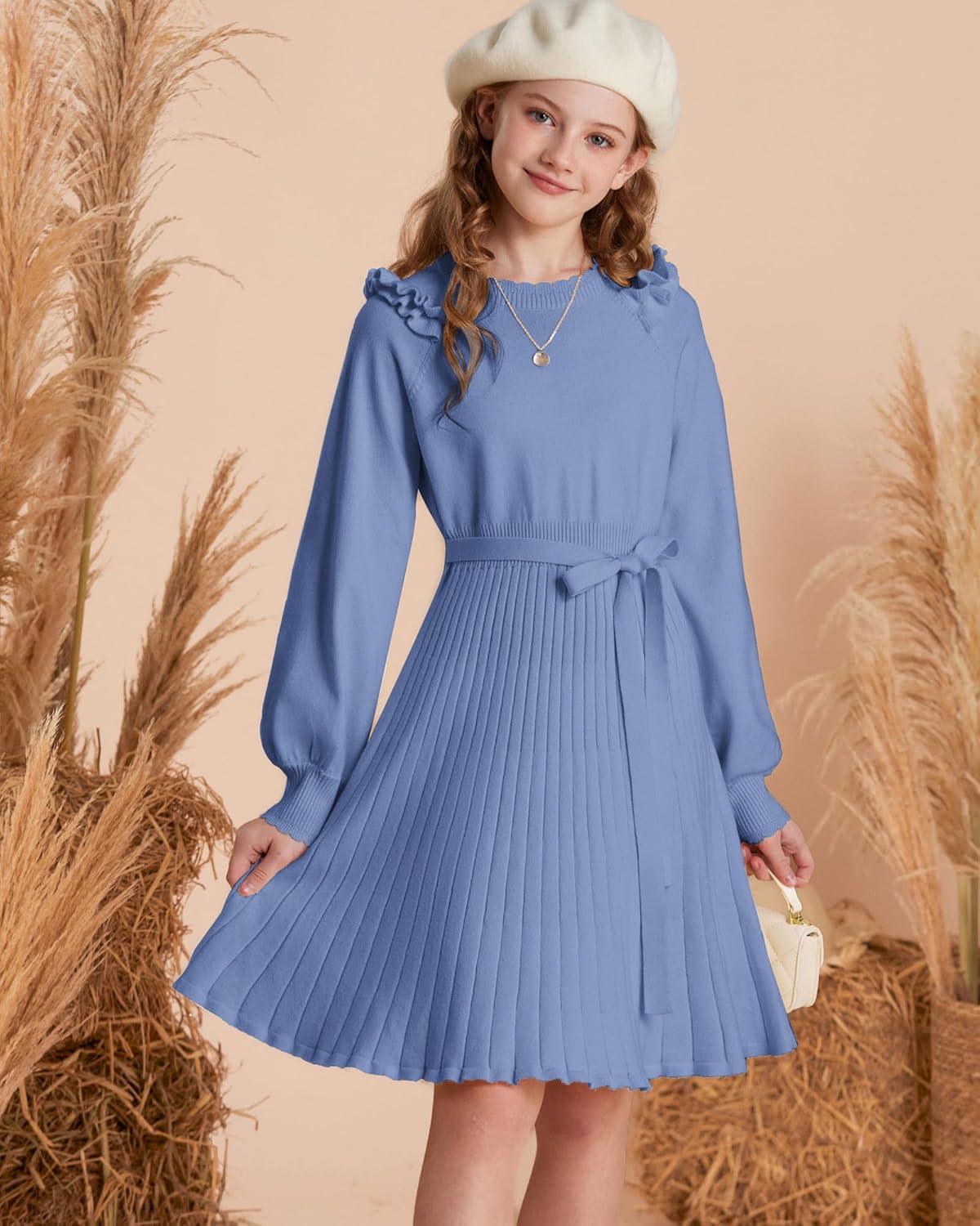 imageGRACE KARIN Girls Sweater Dress Fall Winter Knit Long Sleeve Ribbed Ruffle Waist Tie Size 512 CreamKleinland