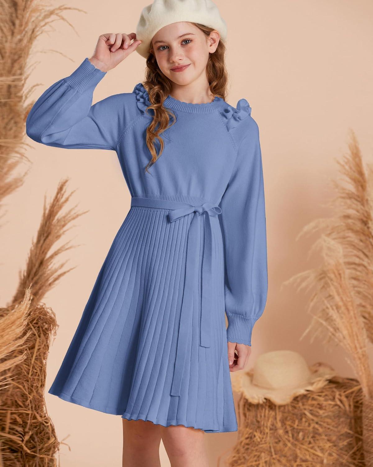 imageGRACE KARIN Girls Sweater Dress Fall Winter Knit Long Sleeve Ribbed Ruffle Waist Tie Size 512 CreamKleinland